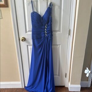 Faviana Blue Ruched Embellished Maxi Gown